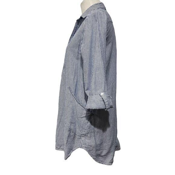 For Cynthia Linen Blend Cover Up Top Tunic Blue Striped Roll Tab Sleeves Size M - Picture 5 of 9